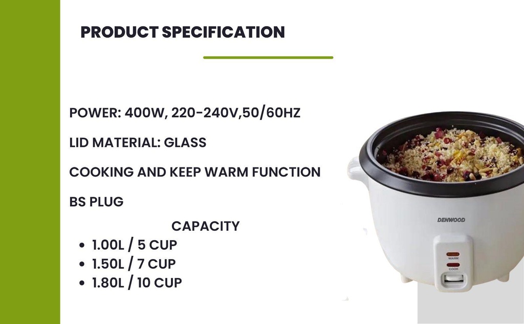 1.0L Rice Cooker - NON STICK AUTOMATIC ELECTRIC COOKER - 400 w