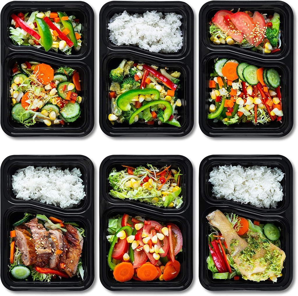 10 PACK - 2 Compartment Meal Prep Containers - Reusable BPA Free Plastic Food Storage Trays 32OZ