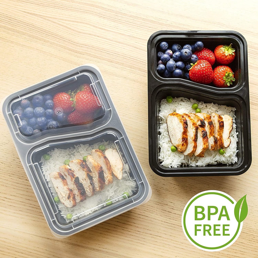 10 PACK - 2 Compartment Meal Prep Containers - Reusable BPA Free Plastic Food Storage Trays 32OZ