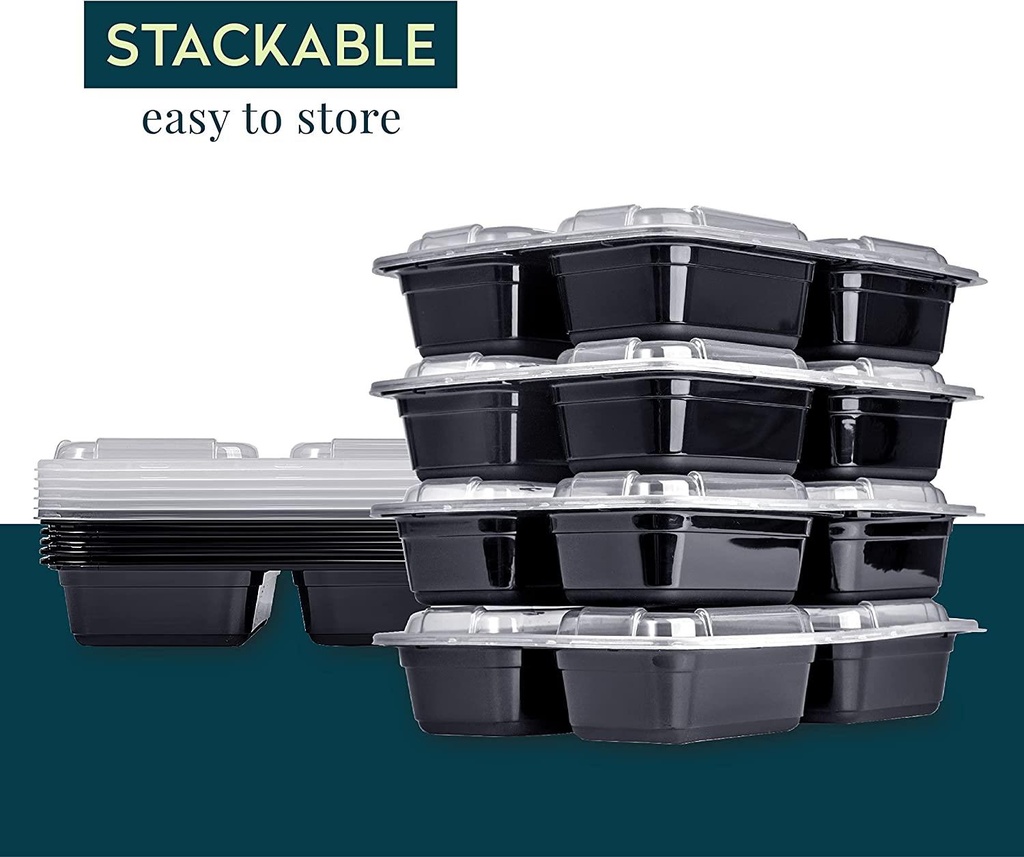 10 PACK - 2 Compartment Meal Prep Containers - Reusable BPA Free Plastic Food Storage Trays 32OZ