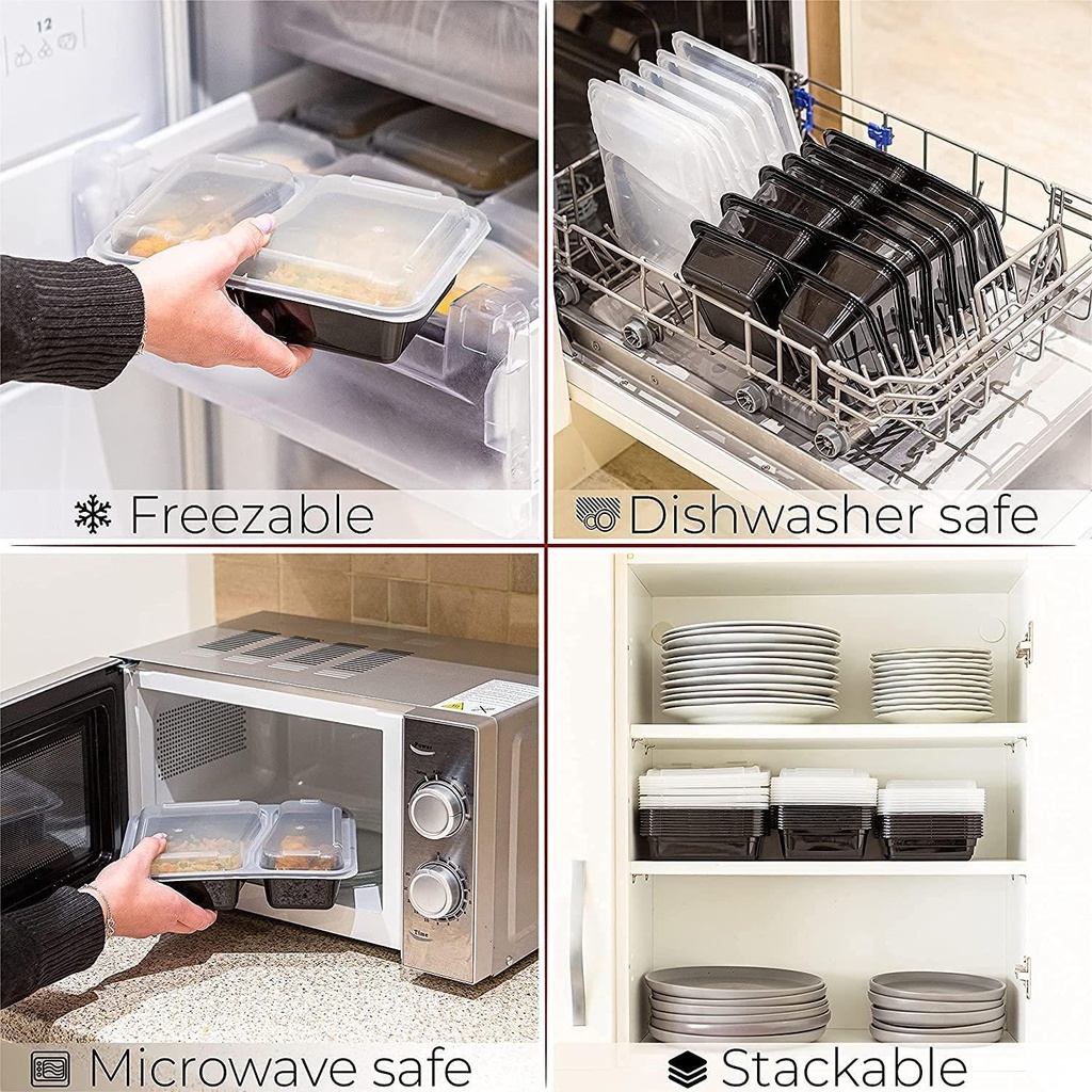 10 PACK - 2 Compartment Meal Prep Containers - Reusable BPA Free Plastic Food Storage Trays 32OZ