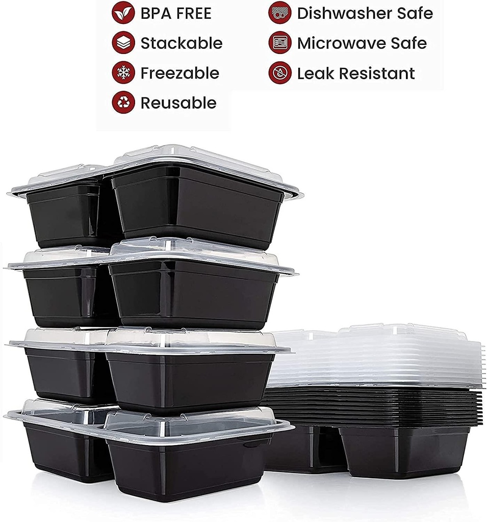 10 PACK - 2 Compartment Meal Prep Containers - Reusable BPA Free Plastic Food Storage Trays 32OZ