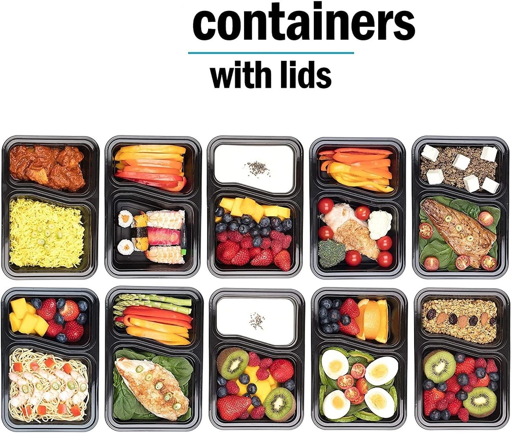 10 PACK - 2 Compartment Meal Prep Containers - Reusable BPA Free Plastic Food Storage Trays 32OZ