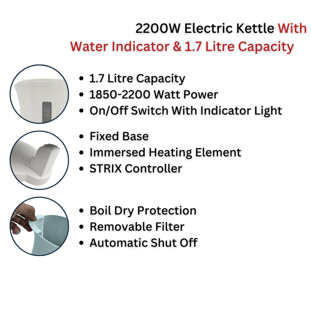 1.7 Litre Kettle Immersed Cordless Dual Water Indicator - 2kw White