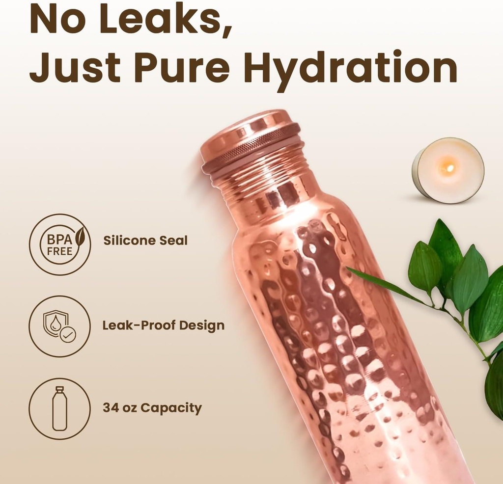 1 Liter Copper Water Bottle - Hammer