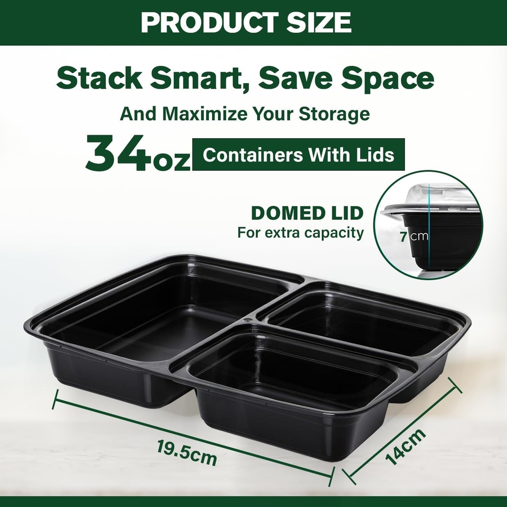 50 X 34Oz 3 Compartment Plastic Black Meal Prep Container With Lids