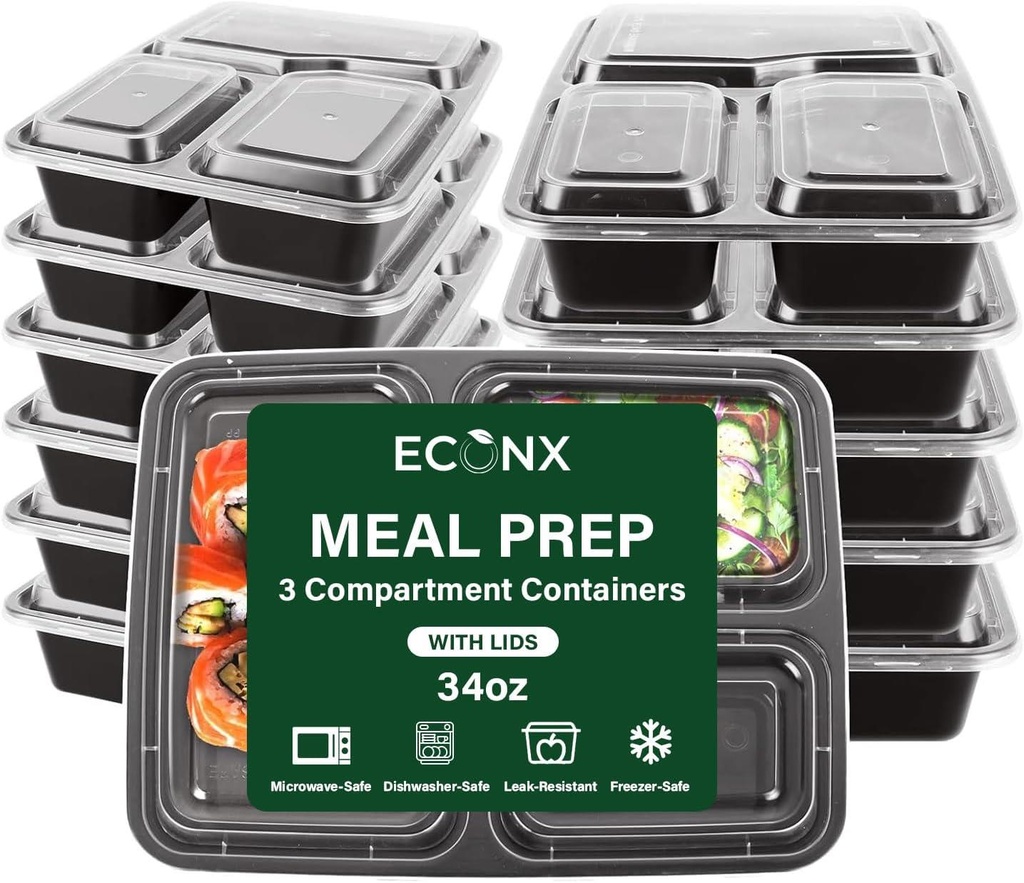 50 X 34Oz 3 Compartment Plastic Black Meal Prep Container With Lids