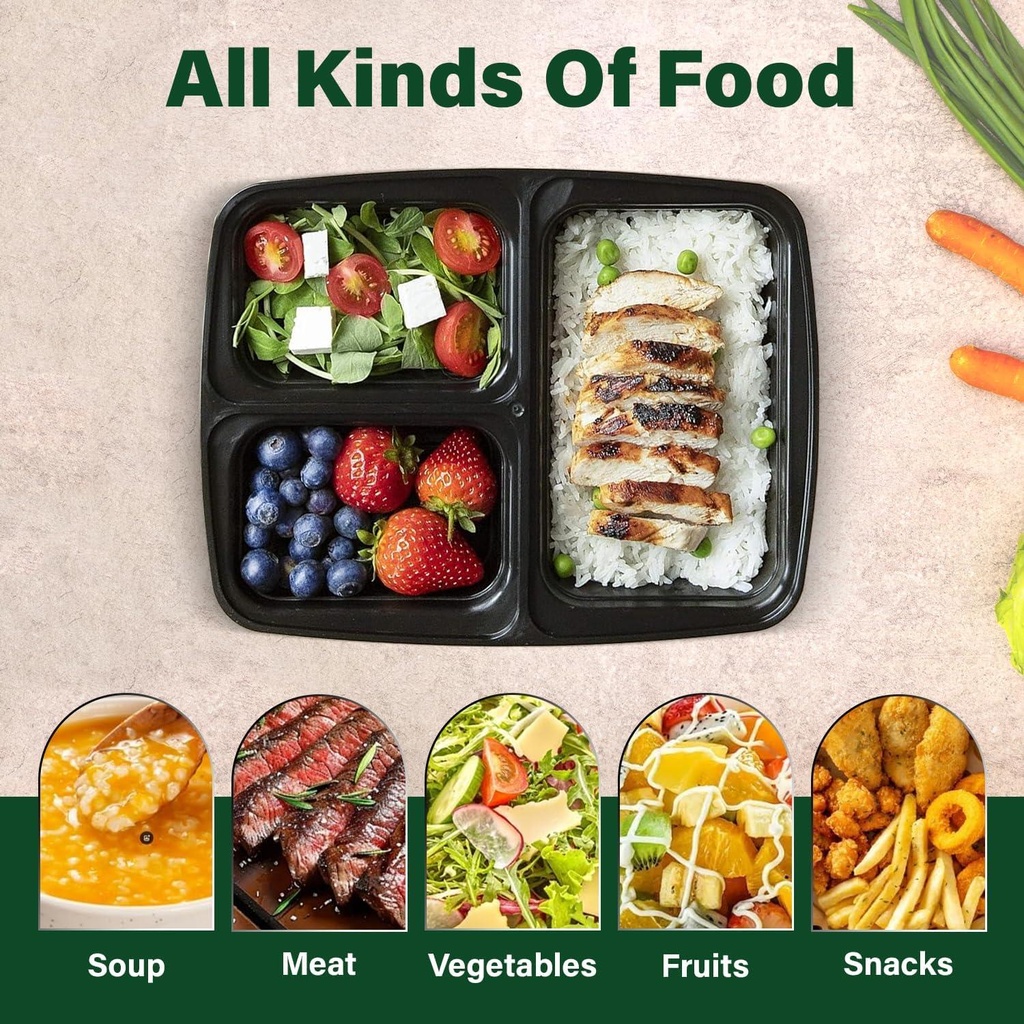 50 X 34Oz 3 Compartment Plastic Black Meal Prep Container With Lids