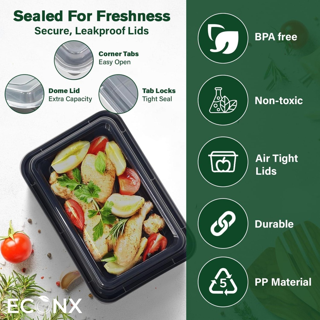 50 X 34Oz 3 Compartment Plastic Black Meal Prep Container With Lids