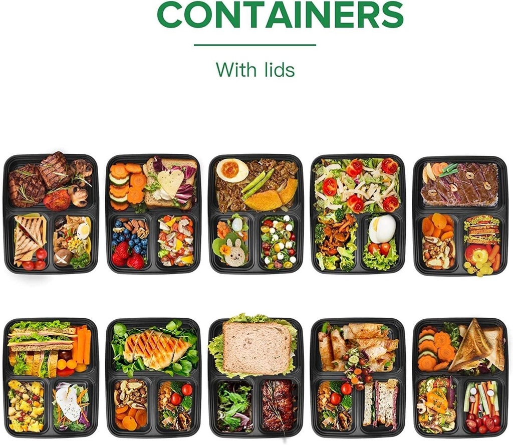 50 X 34Oz 3 Compartment Plastic Black Meal Prep Container With Lids