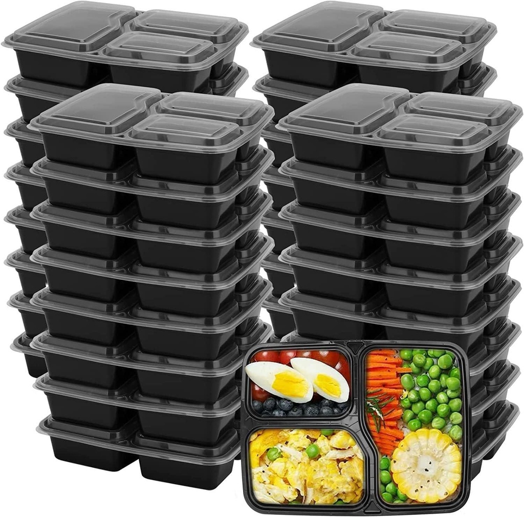 50 X 34Oz 3 Compartment Plastic Black Meal Prep Container With Lids