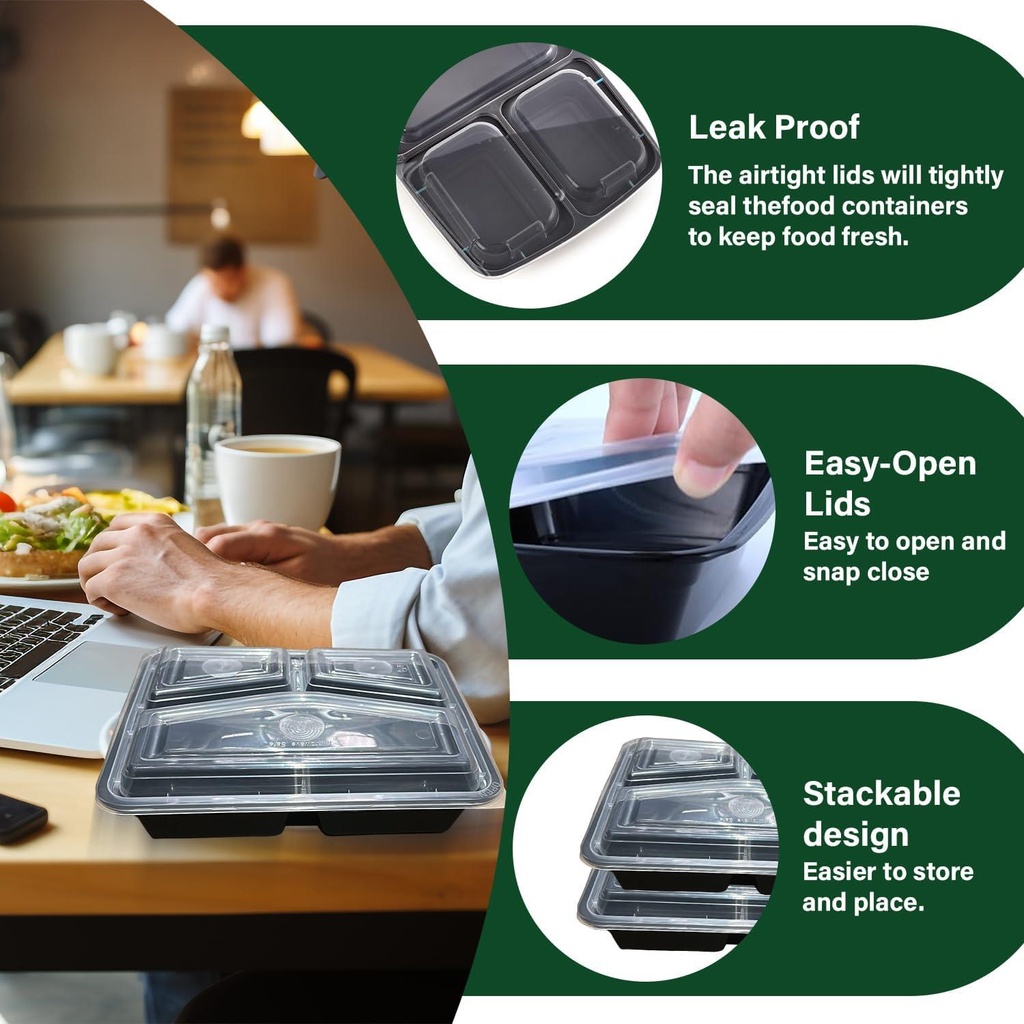 50 X 34Oz 3 Compartment Plastic Black Meal Prep Container With Lids