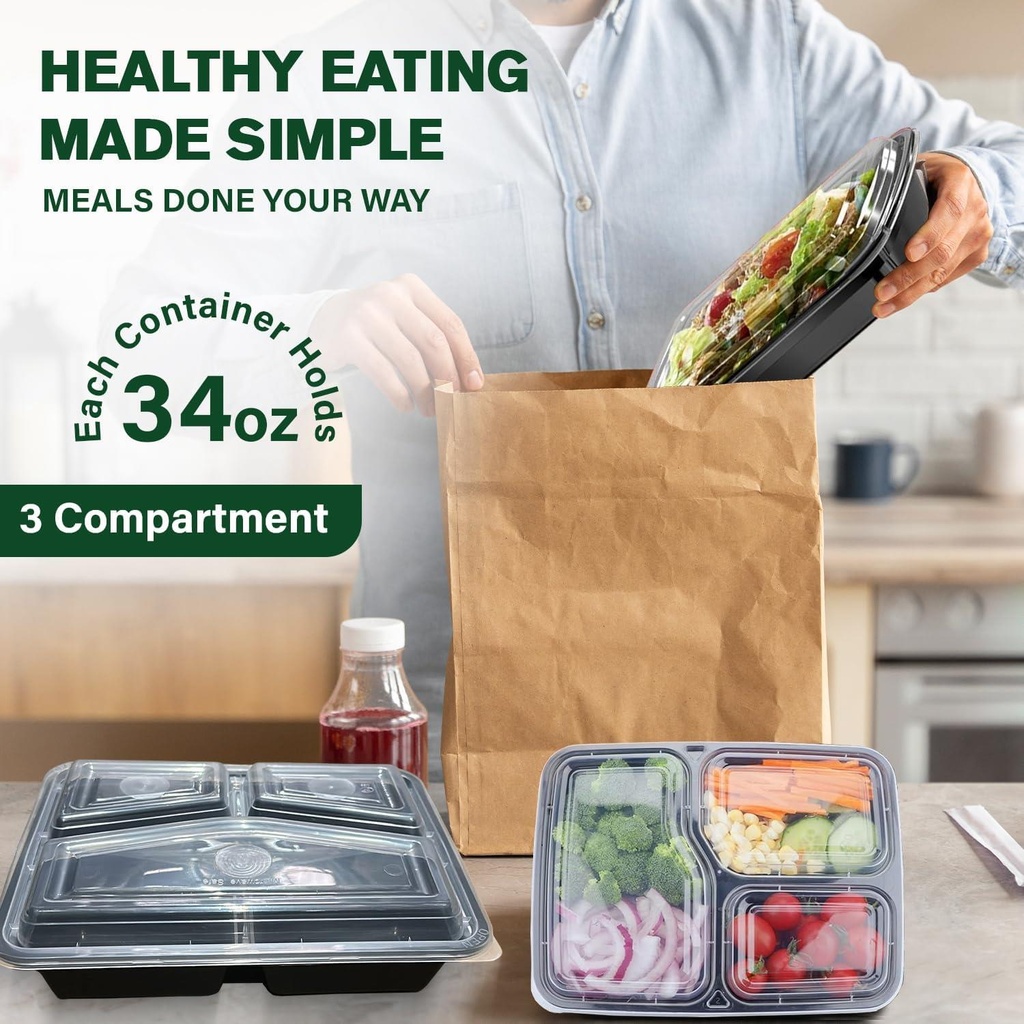 50 X 34Oz 3 Compartment Plastic Black Meal Prep Container With Lids