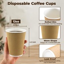 1000 X 12oz Disposable Kraft Ripple Paper Cups Insulated Brown Paper Cups