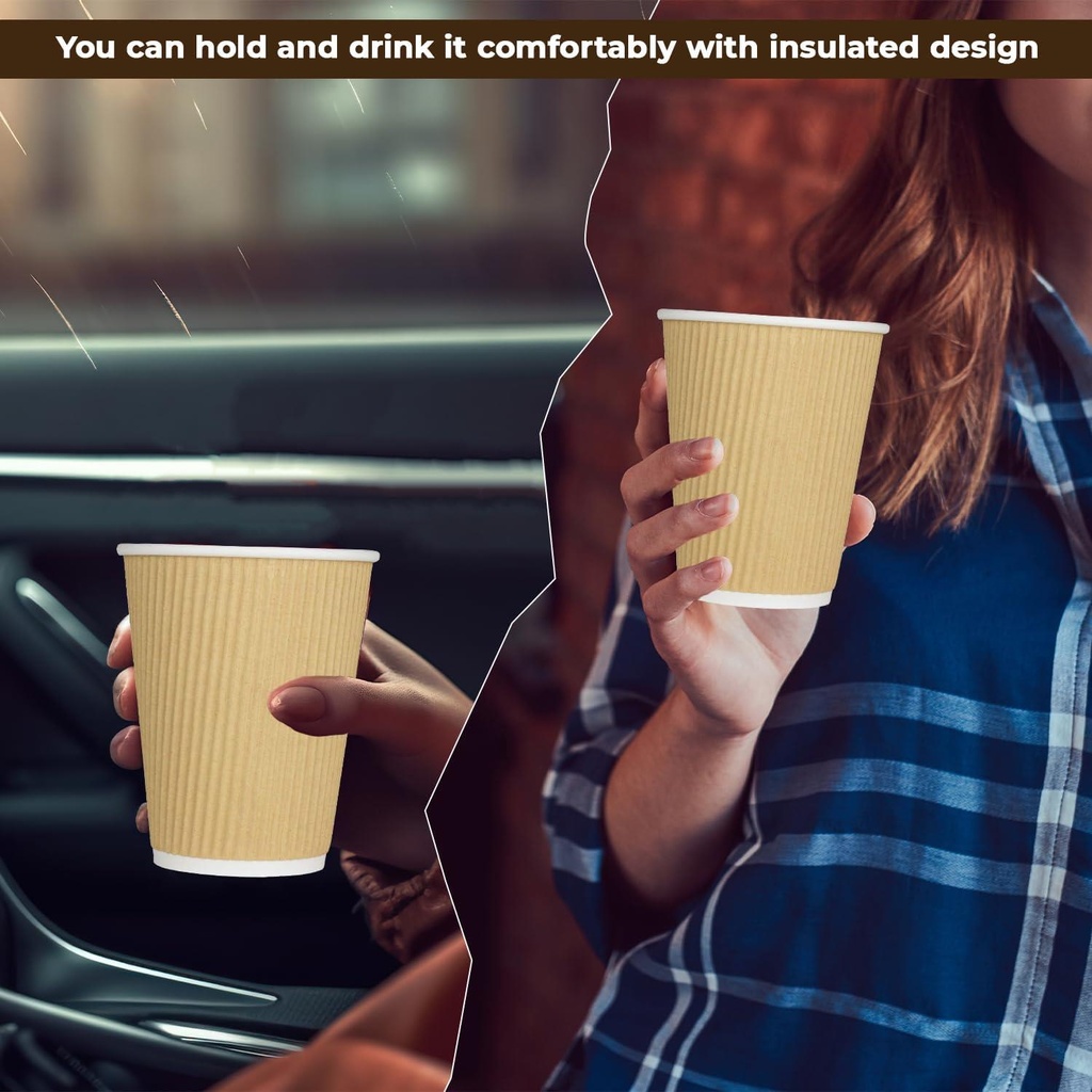 1000 X 12oz Disposable Kraft Ripple Paper Cups Insulated Brown Paper Cups