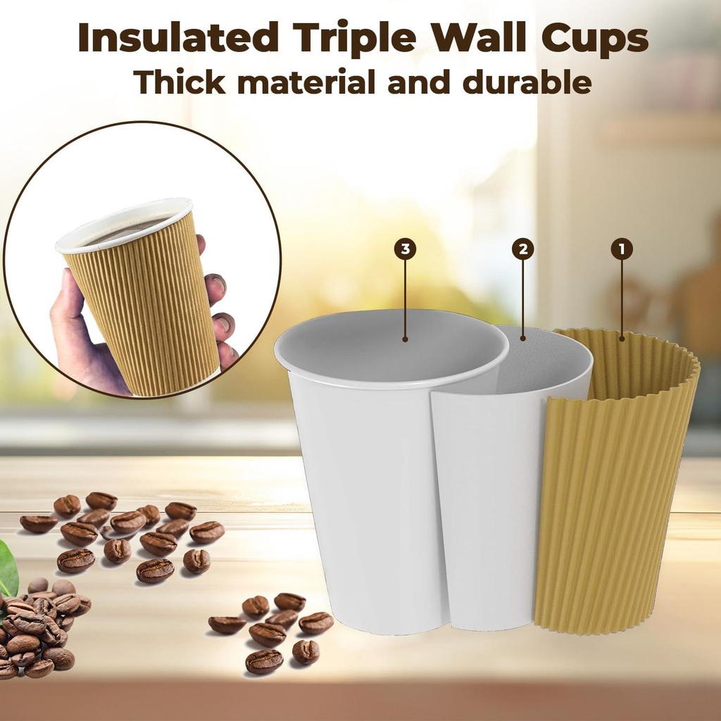 1000 X 12oz Disposable Kraft Ripple Paper Cups Insulated Brown Paper Cups