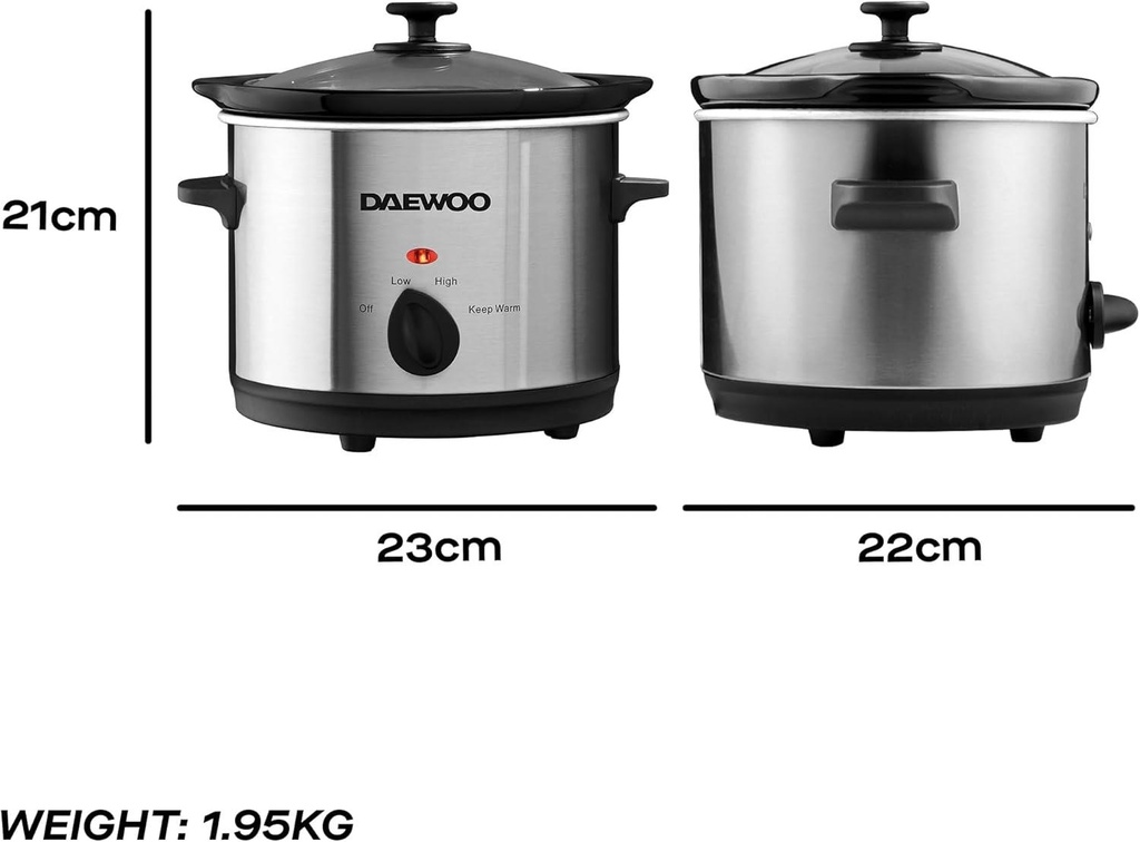 1.5L Slow Cooker Stainless Steel Small Slow Cooker Glass Lid 3 Heat Settings New