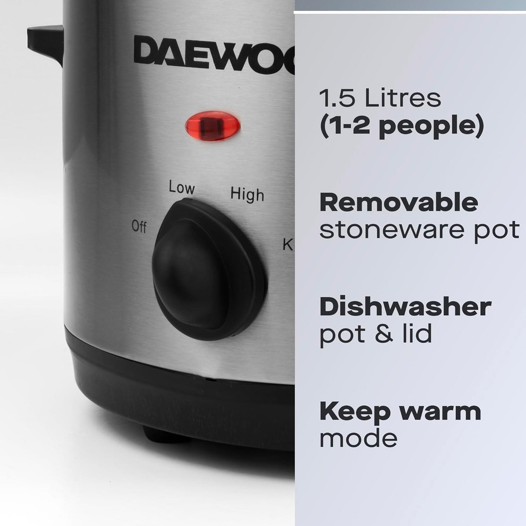 1.5L Slow Cooker Stainless Steel Small Slow Cooker Glass Lid 3 Heat Settings New