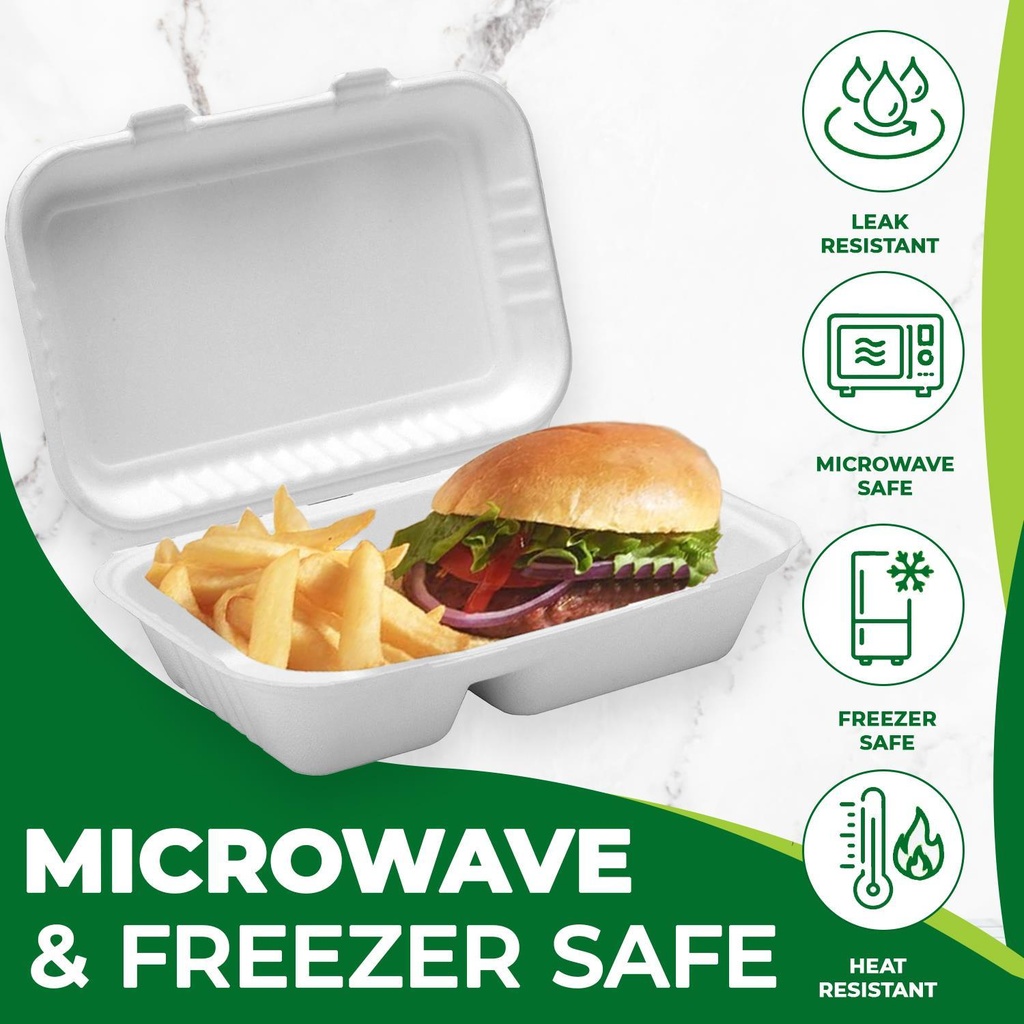 100 PACK 2 Compartment Bagasse Clamshell Takeaway Boxes