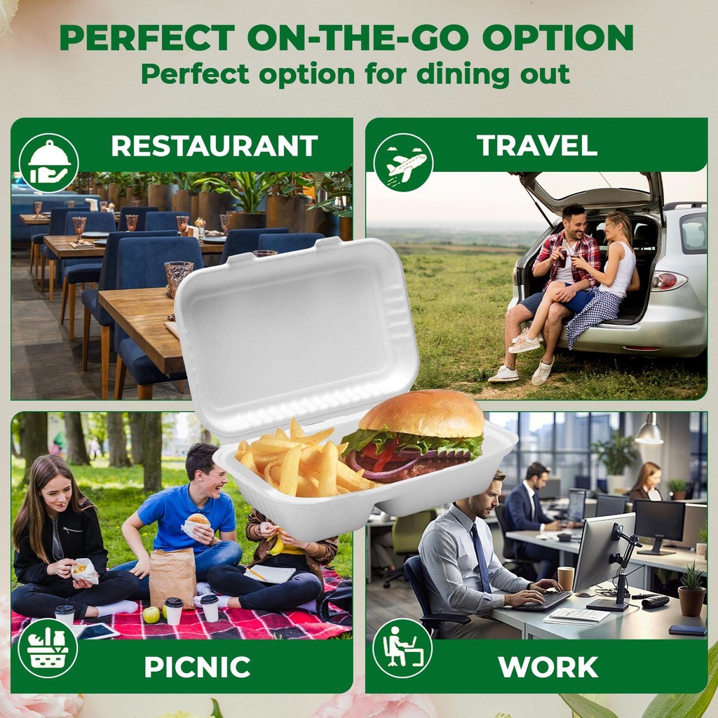 100 PACK 2 Compartment Bagasse Clamshell Takeaway Boxes