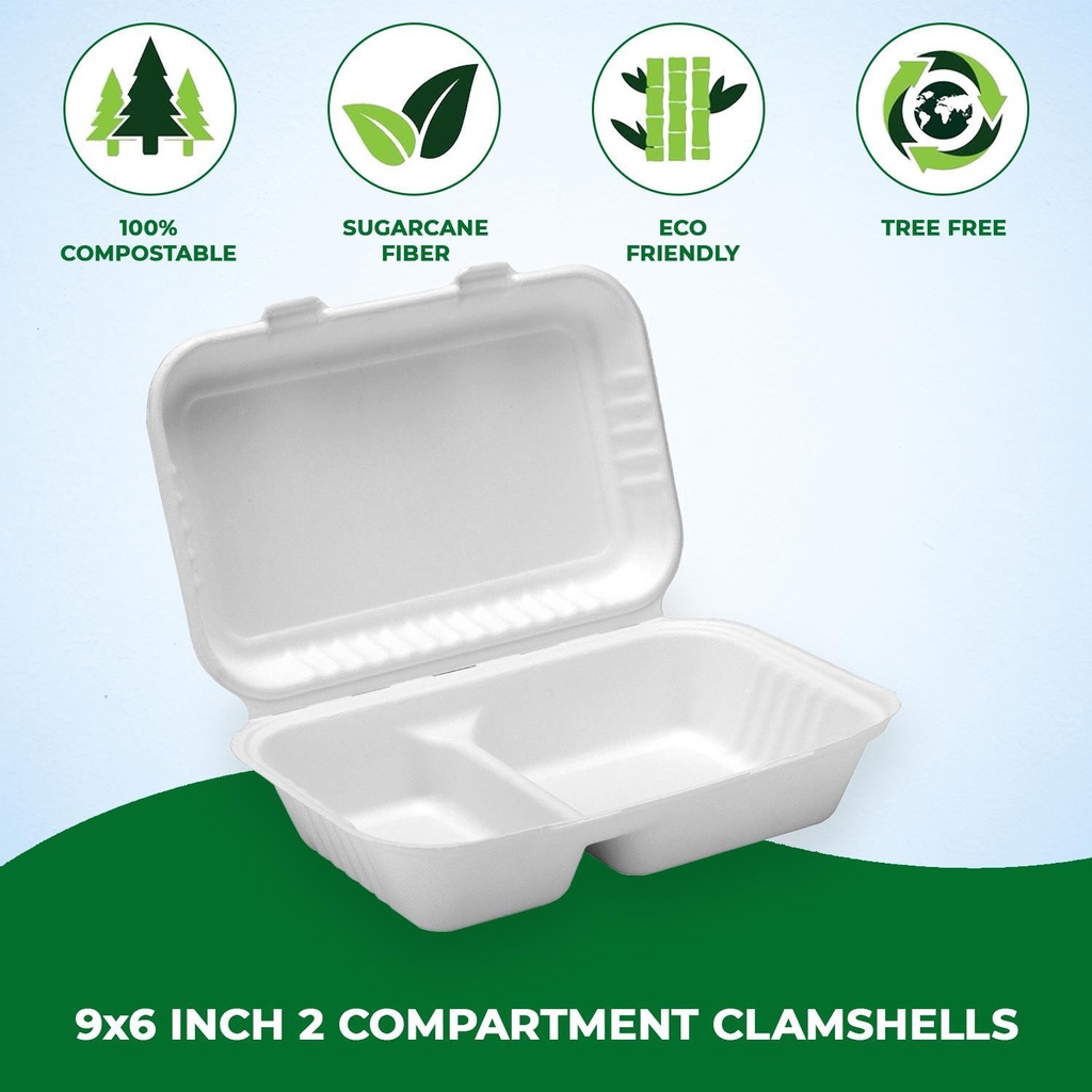 100 PACK 2 Compartment Bagasse Clamshell Takeaway Boxes