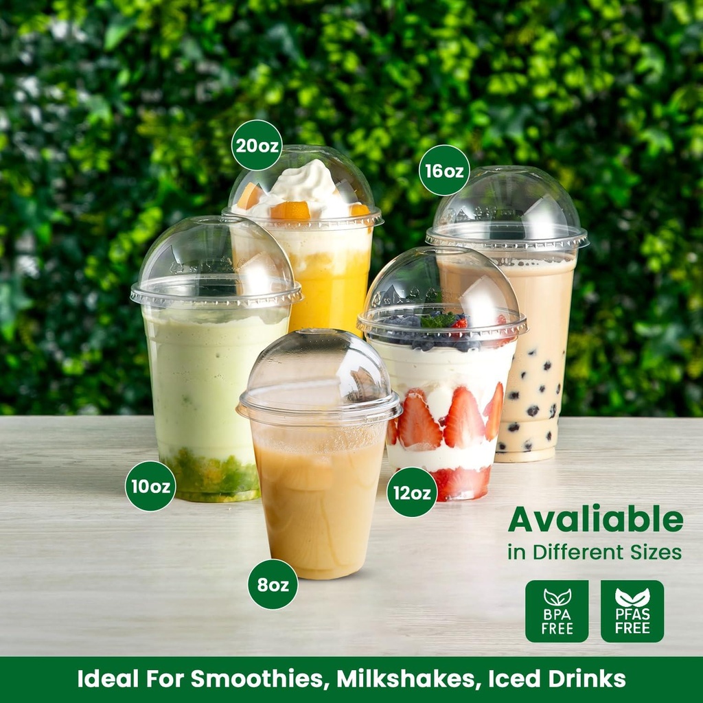 100 X Clear Smoothie Cup PET (342ml/12oz) With CLEAR DOME LID WITH HOLE-98mm