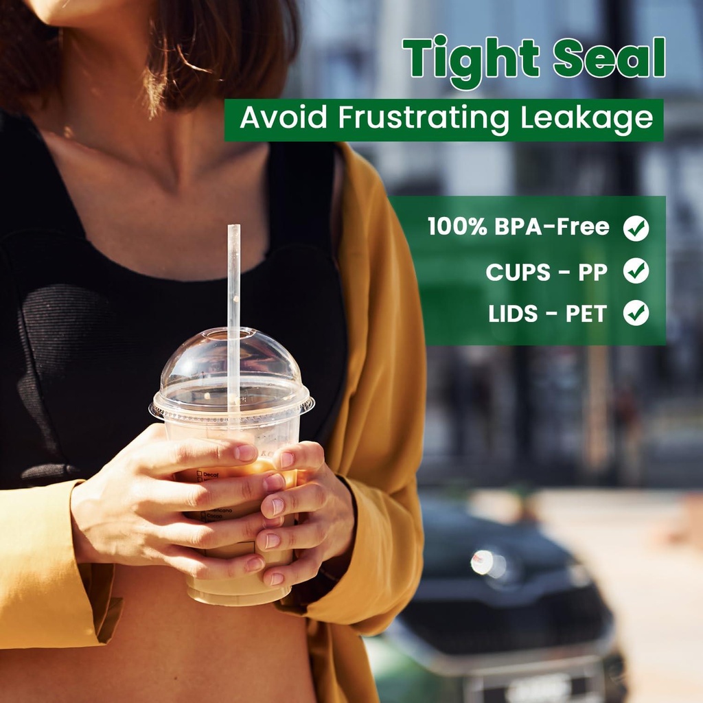 100 X Clear Smoothie Cup PET (342ml/12oz) With CLEAR DOME LID WITH HOLE-98mm
