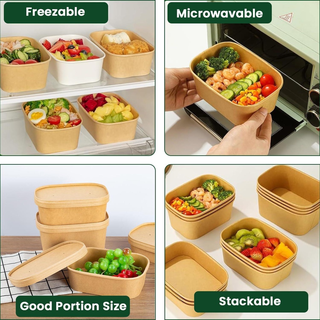 100 x 18oz 500ml Kraft Paper Disposable Container with Paper Lids Take Away Paper Lunch Box Food Container