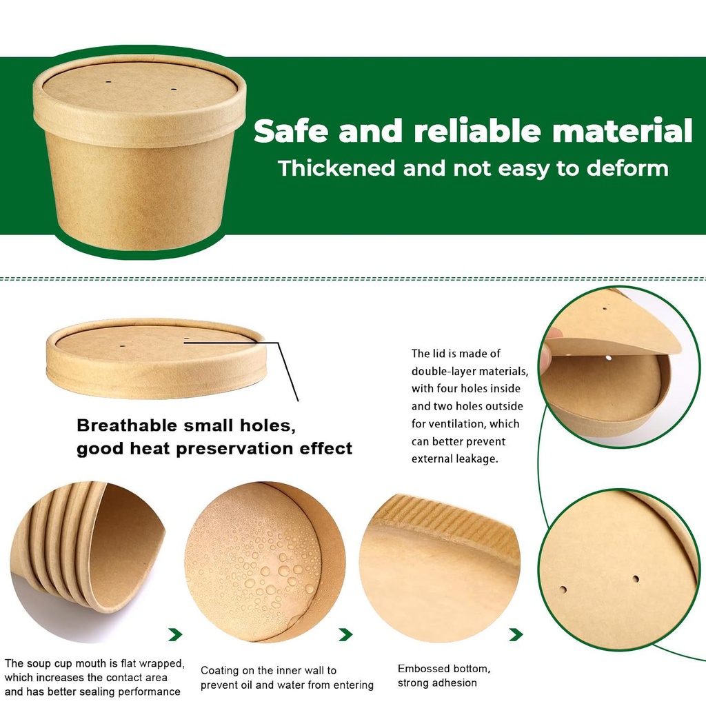 100 x Paper Soup Cup+Lid (227ml/8oz) Kraft Pack of 100