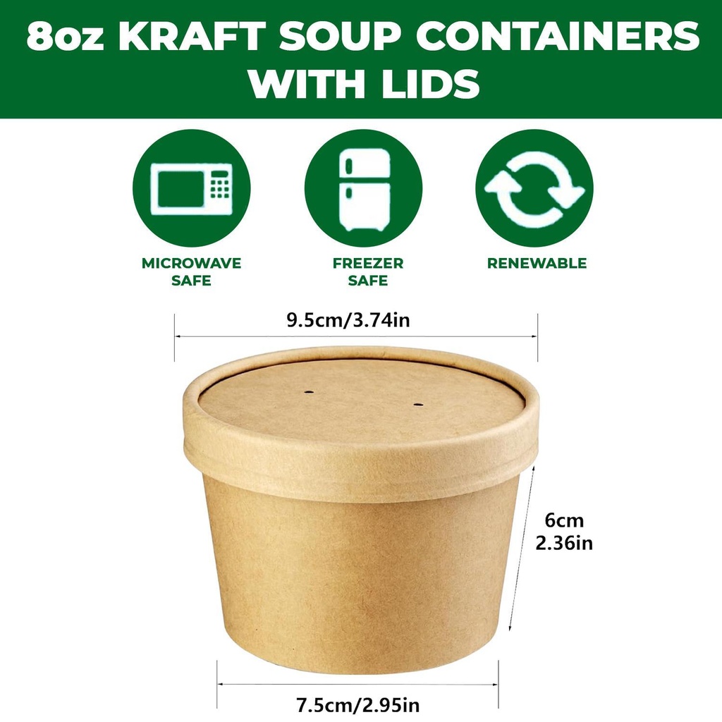 100 x Paper Soup Cup+Lid (227ml/8oz) Kraft Pack of 100