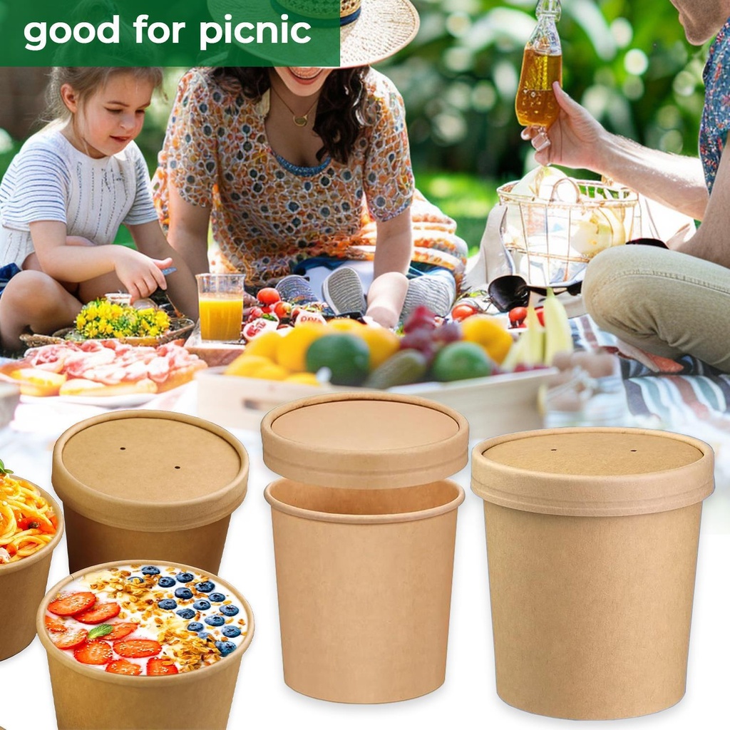 100 x Paper Soup Cup+Lid (227ml/8oz) Kraft Pack of 100