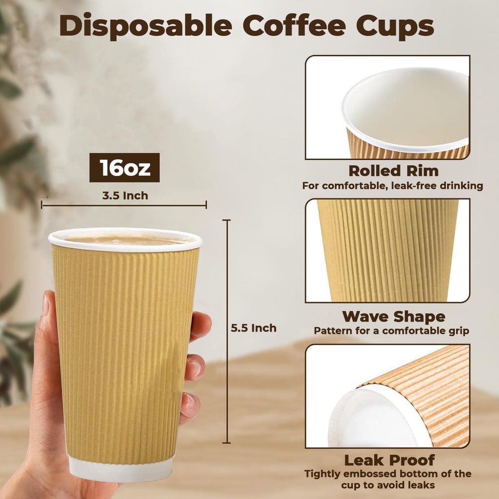 100 X 16OZ RIPPLE WALL PAPER CUP DISPOSABLE KRAFT 3 PLY