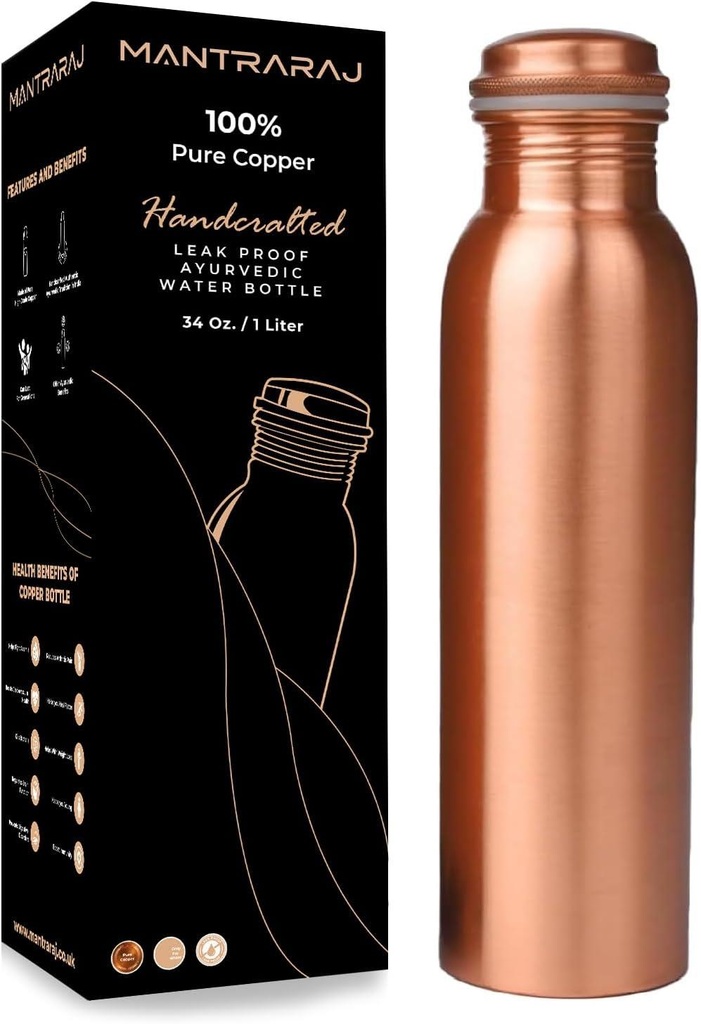 100% Pure Copper Water Bottle 1 Liter 34oz Ayurvedic Bottle Leak Proof