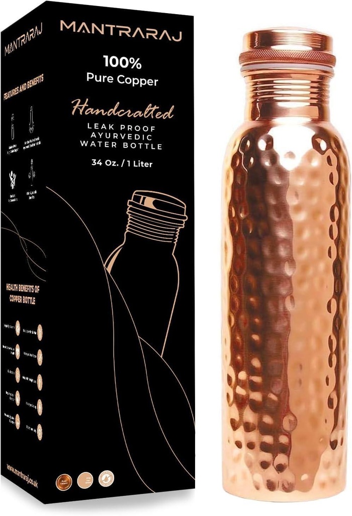 100% Pure Copper Water Bottle 1 Liter 34oz Ayurvedic Bottle Leak Proof