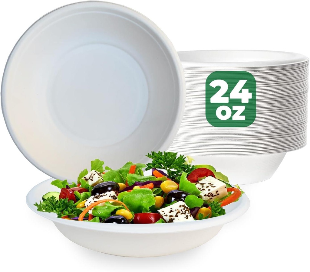 100 pcs Disposable Paper Bowls 24oz Eco-Friendly Sugarcane