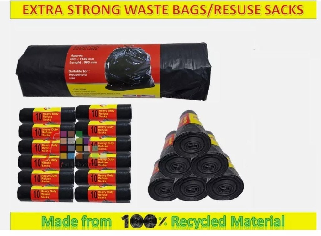 10 X 100L Heavy Duty Black Bin Bag Refuse Sacks