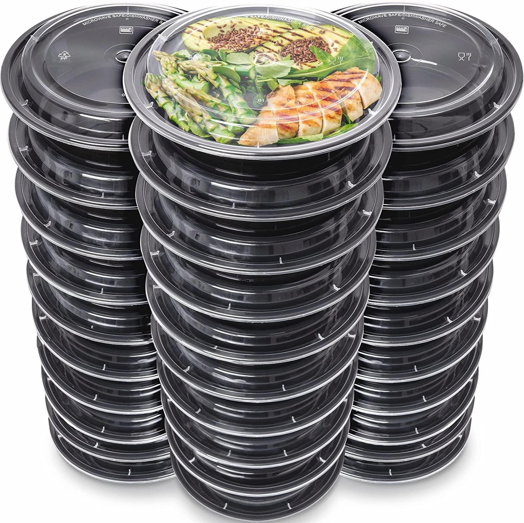 10 X 32Oz Round Plastic Black Meal Prep Containers With Lids