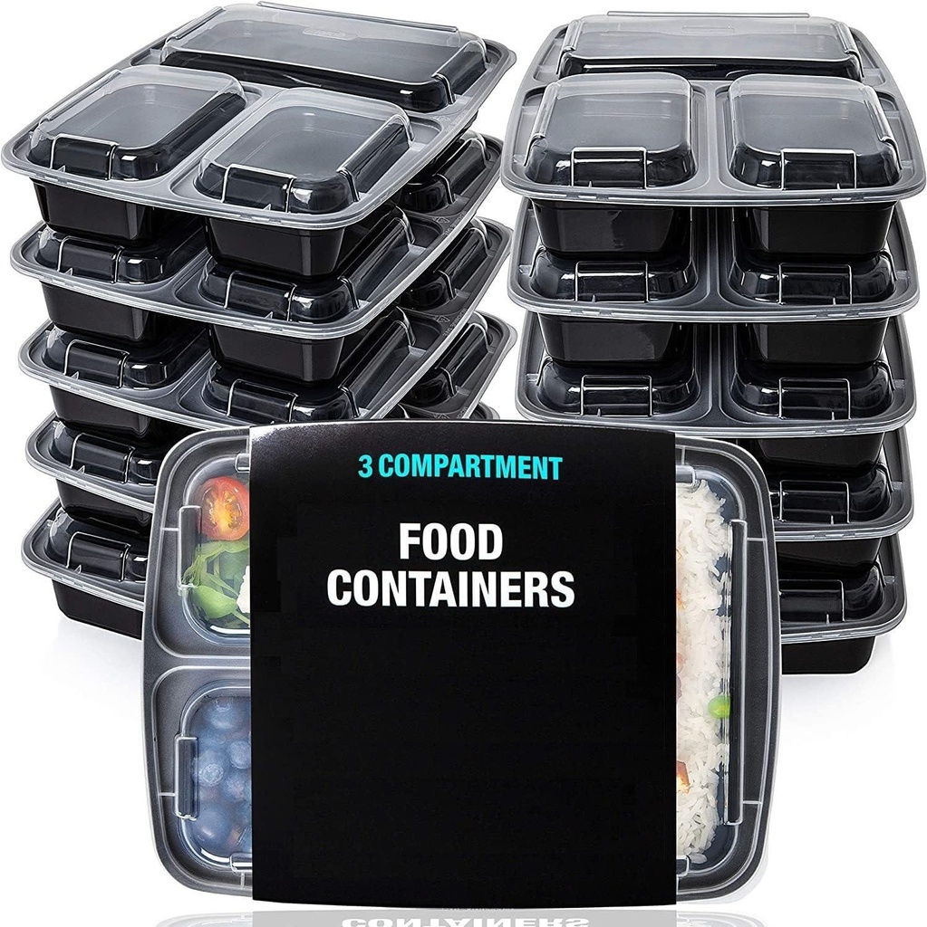 50 X 34Oz 3 Compartment Plastic Black Meal Prep Container With Lids