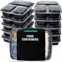 50 X 34Oz 3 Compartment Plastic Black Meal Prep Container With Lids