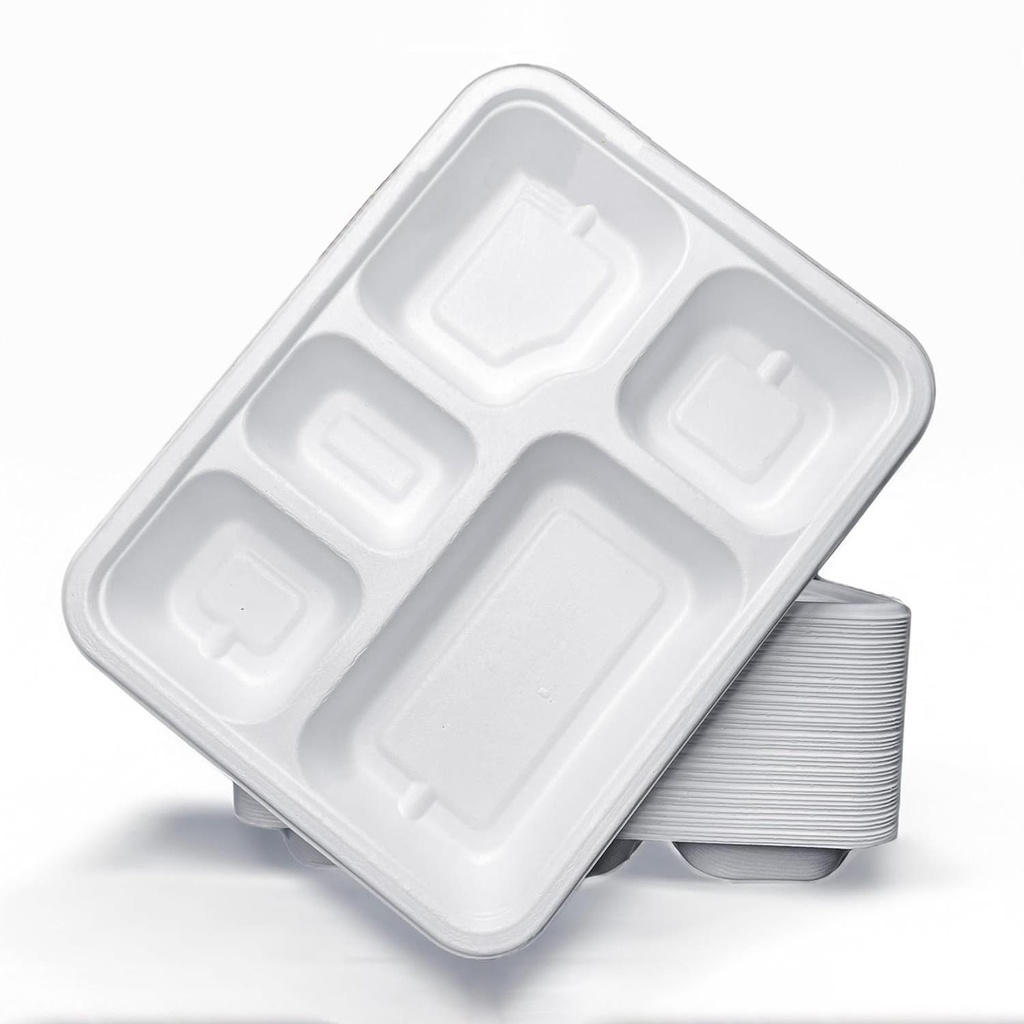 100 X BAGASSE 5 Compartment FOOD PLAT TRAY - 27 X 22CM