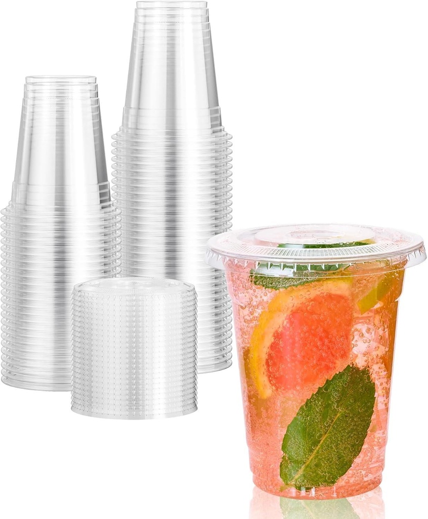 100 X 8Oz Clear Plastic Smoothie Cups With Flat Lids