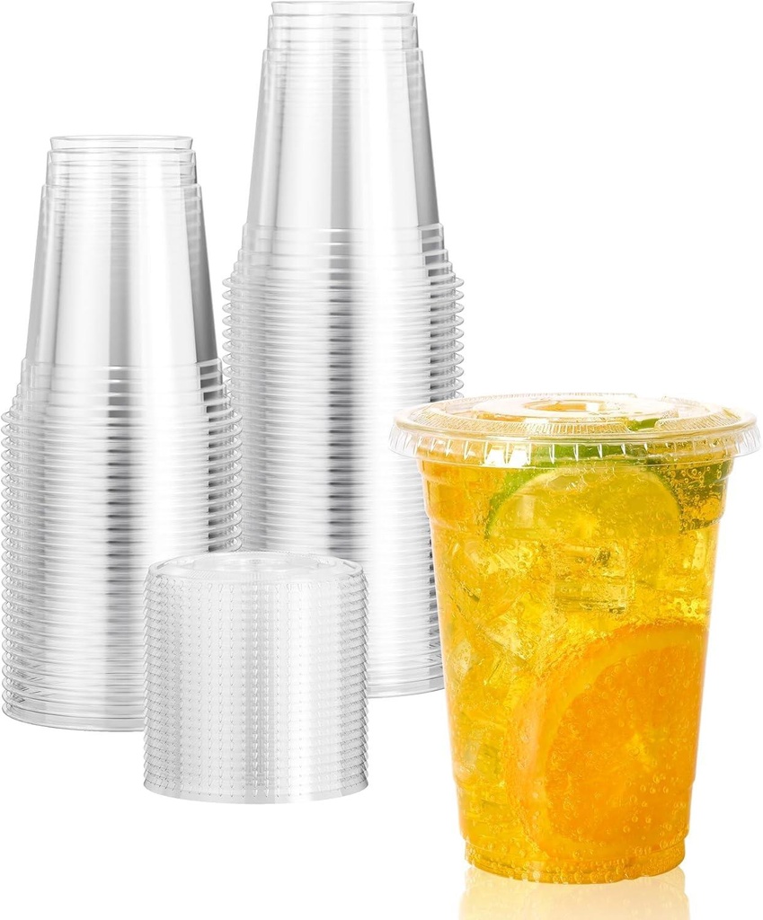 100 X 16Oz Clear Plastic Smoothie Cups With Flat Lids