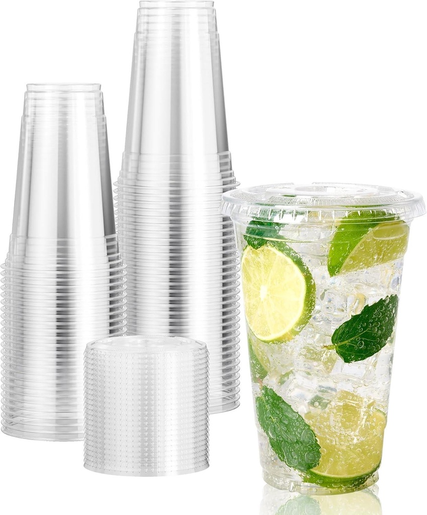 100 X 20Oz Clear Plastic Smoothie Cups With Flat Lids