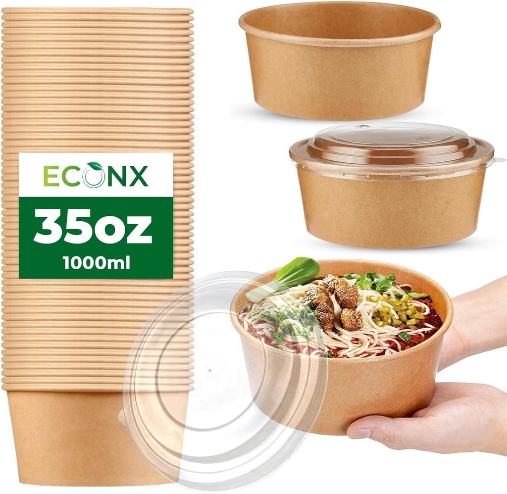 50 X 35Oz Brown Kraft Salad Paper Bowl With Lids 1000ml