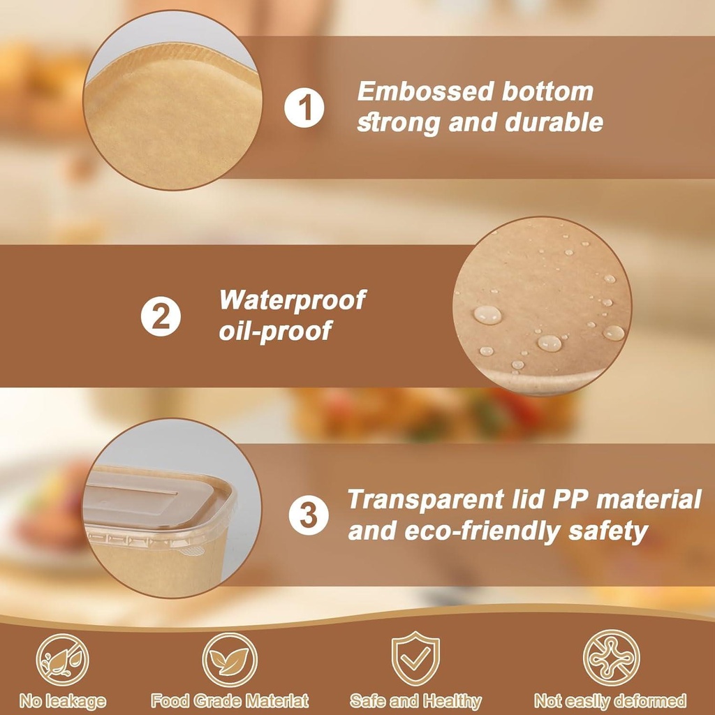 100 X 1000Ml Kraft Rectangle Food Containers With Pp Lids