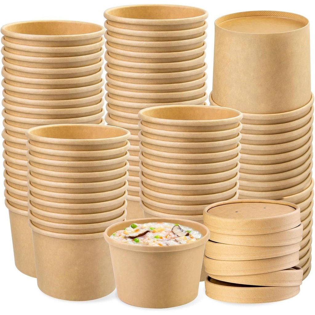 100 x Paper Soup Cup+Lid (227ml/8oz) Kraft Pack of 100