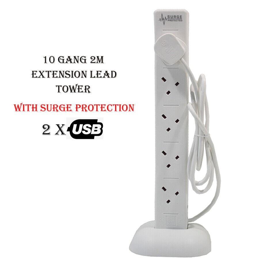 2M Extension Lead 10 Gang Power Adapter Socket With 2 Usb Slots