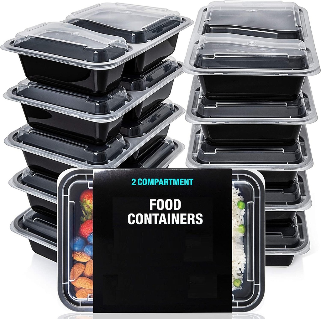 10 PACK - 2 Compartment Meal Prep Containers - Reusable BPA Free Plastic Food Storage Trays 32OZ